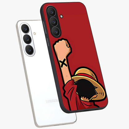 Luffy X Spirit Glass Case displayed in angled mockup highlighting powerful anime design with energetic action aesthetic.