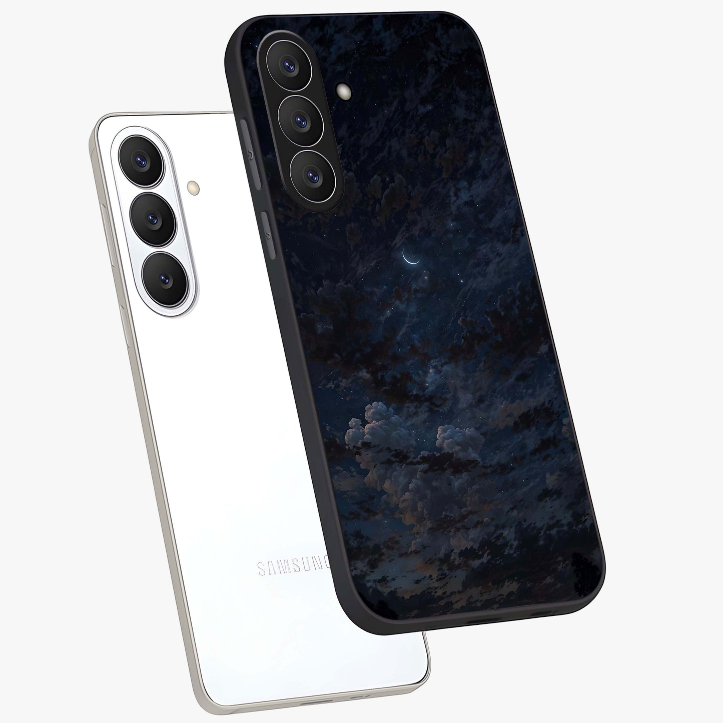 Lunar Veil Silence Glass Case displayed in angled mockup highlighting soft lunar design with peaceful celestial aesthetic.