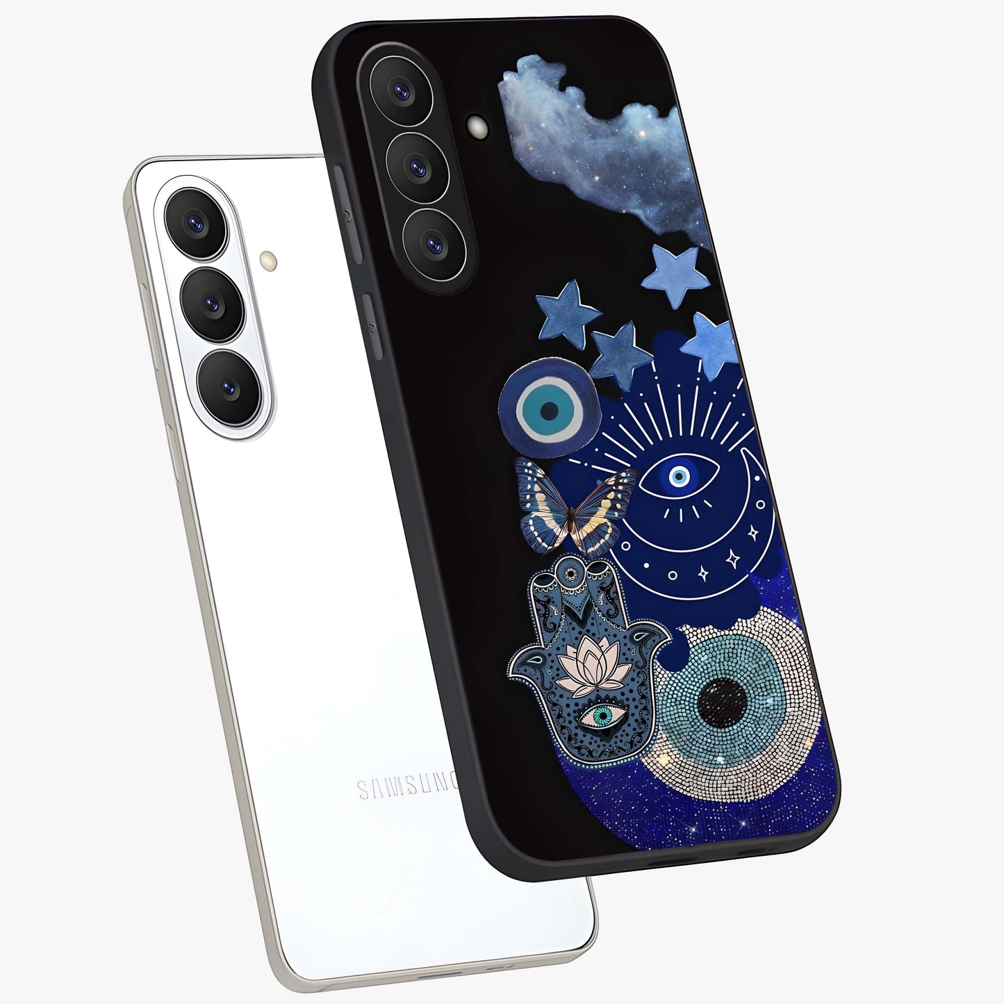 Galactic Charm Cluster Glass Case displayed in angled mockup highlighting luminous galaxy inspired design with dreamy aesthetic.
