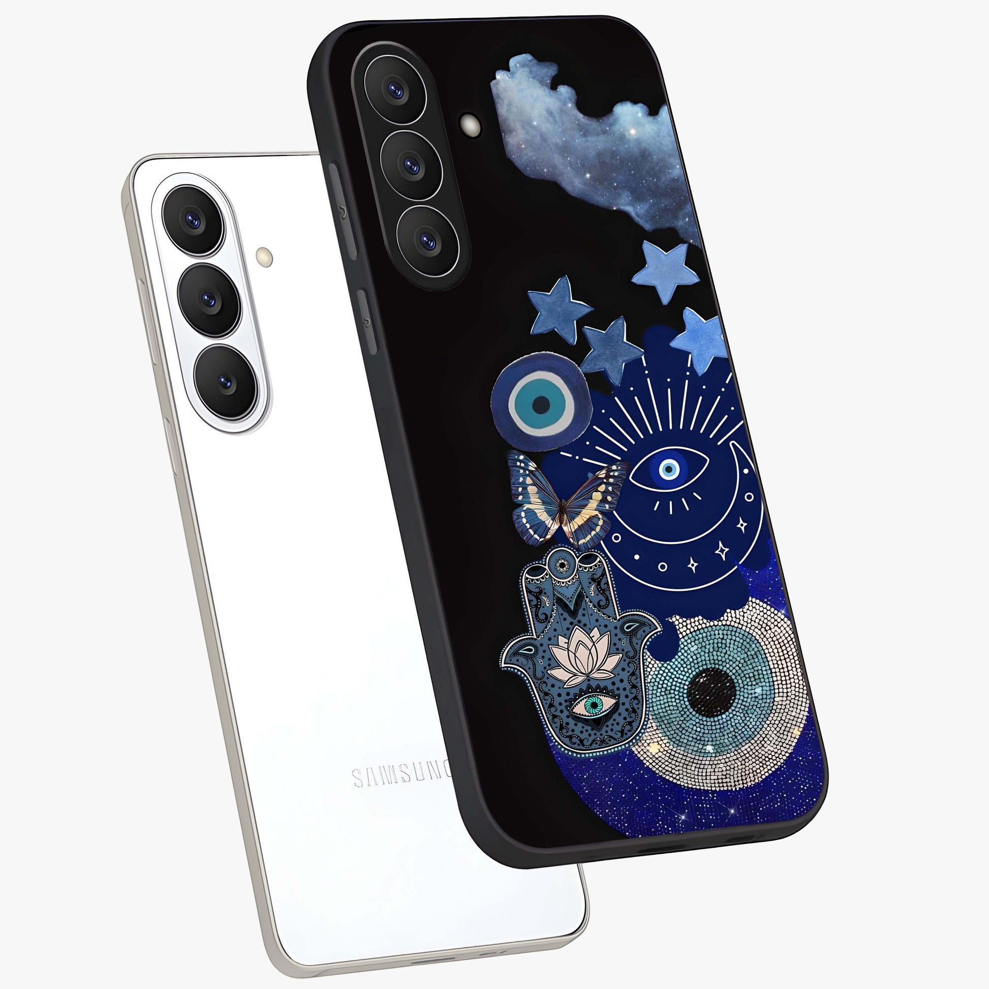 Galactic Charm Cluster Glass Case displayed in angled mockup highlighting luminous galaxy inspired design with dreamy aesthetic.