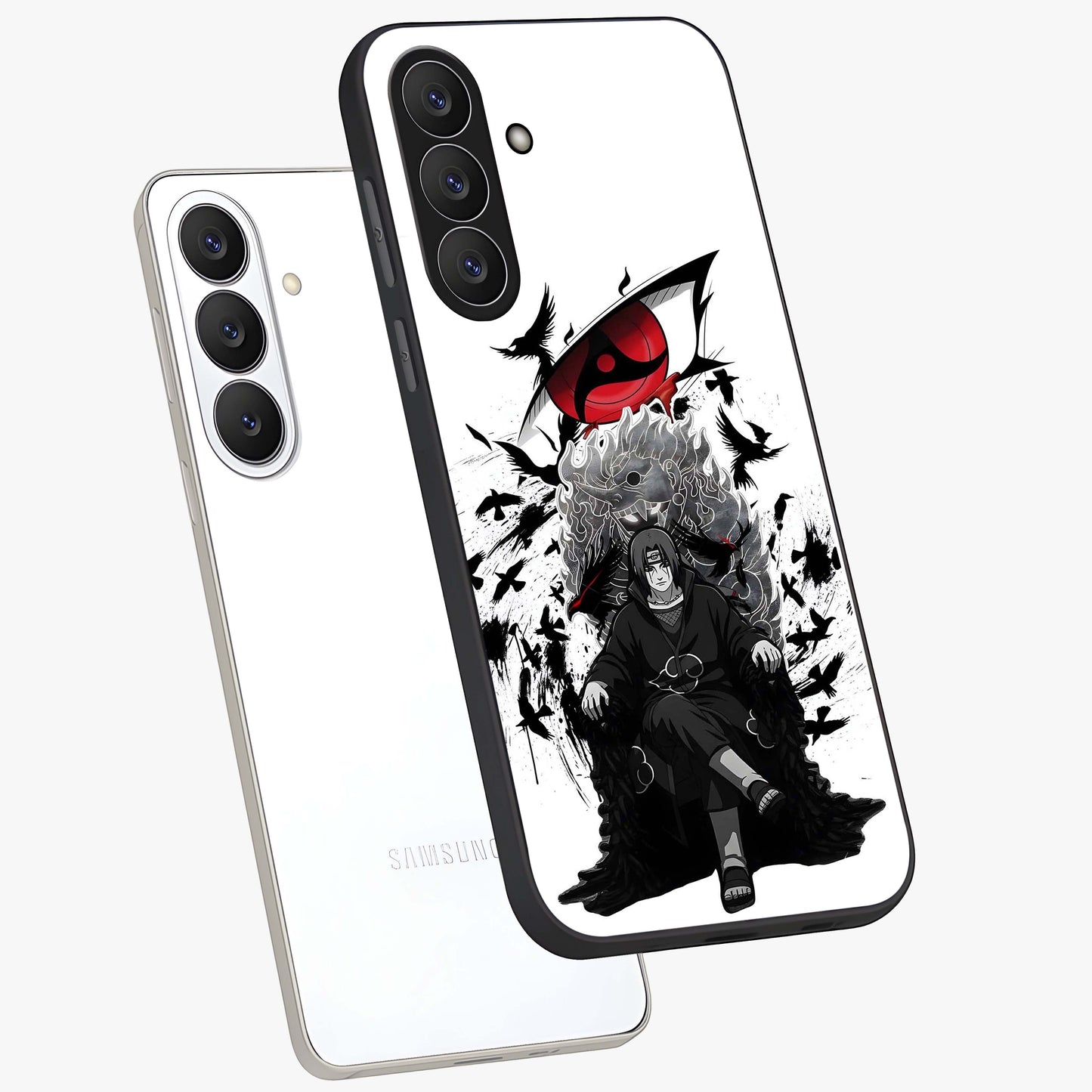 Uchiha Shadow Throne Glass Case displayed in angled mockup highlighting glowing aquatic design with celestial aesthetic.