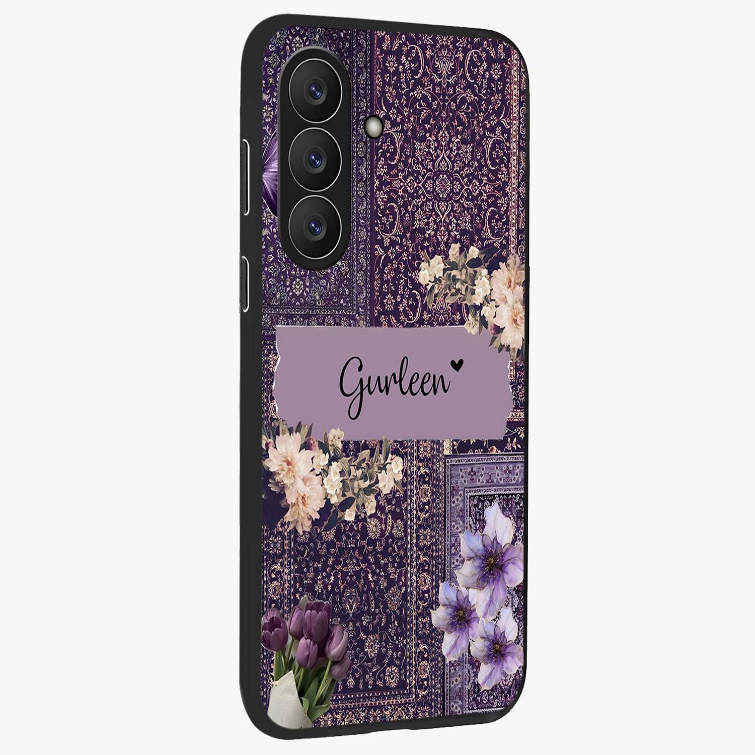 Antique Floral Whisper Custom Name Glass Case upright view showcasing delicate floral artwork with custom name feature.