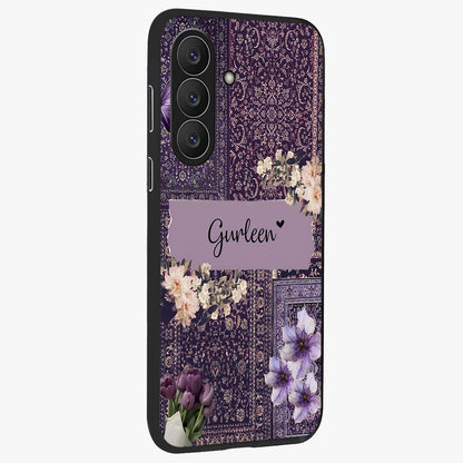 Antique Floral Whisper Custom Name Glass Case upright view showcasing delicate floral artwork with custom name feature.
