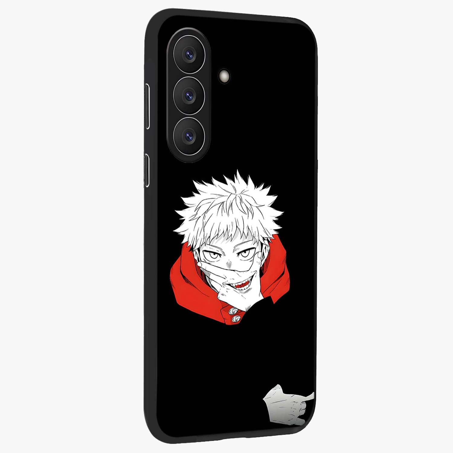 Crimson Chaos Smile Glass Case upright view showcasing expressive chaotic artwork with striking visual theme.