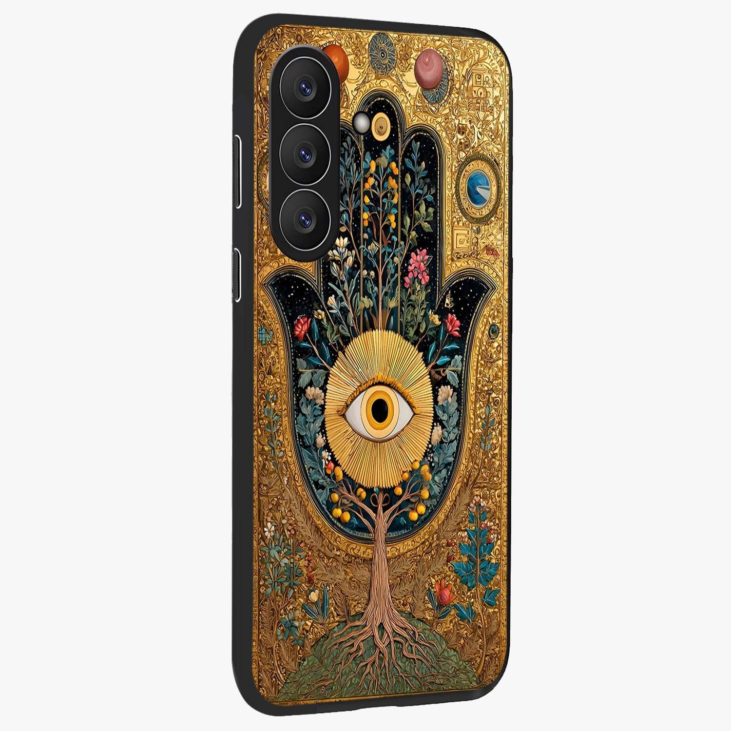 Ethereal Evil Eye Glass Case upright view showcasing celestial evil eye artwork with mystical theme.