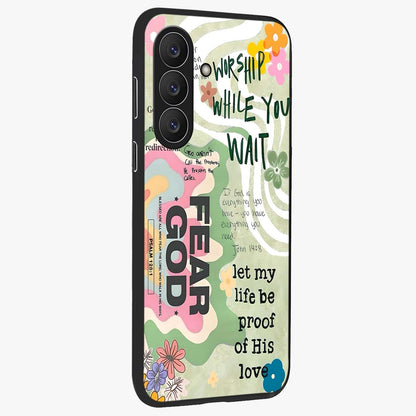 Faith Over Fear Glass Case upright view showcasing bold typography artwork with uplifting motivational theme.