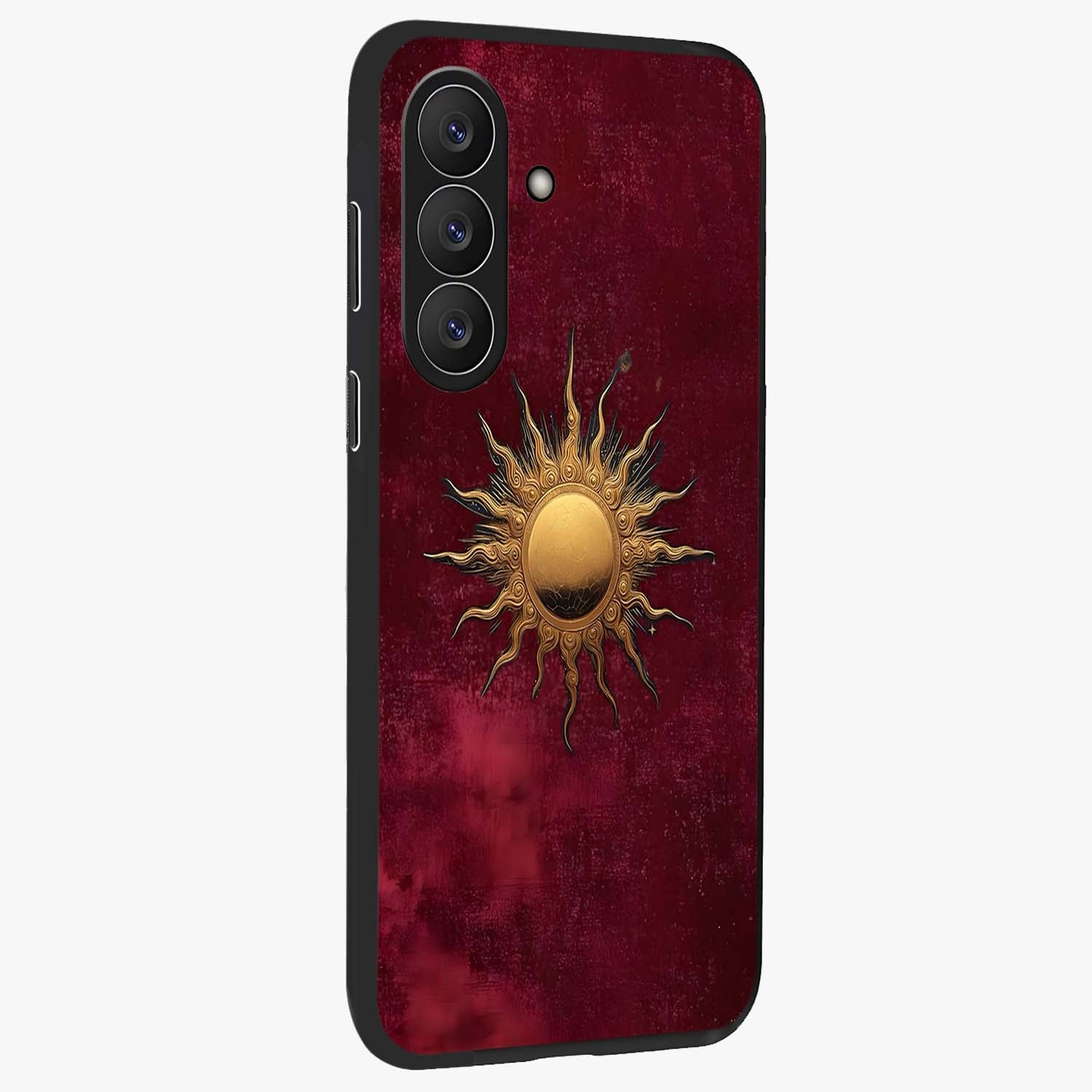 Golden Sun Minimalism Glass Case upright view showcasing simple golden sun artwork with elegant minimalist style.