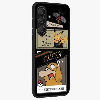 Gucci Play Mashup Glass Case upright view showcasing trendy luxury inspired artwork with modern fashion theme.