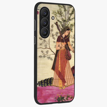 Lady With Veena Art Glass Case upright view showcasing classical veena artwork with traditional artistic theme.