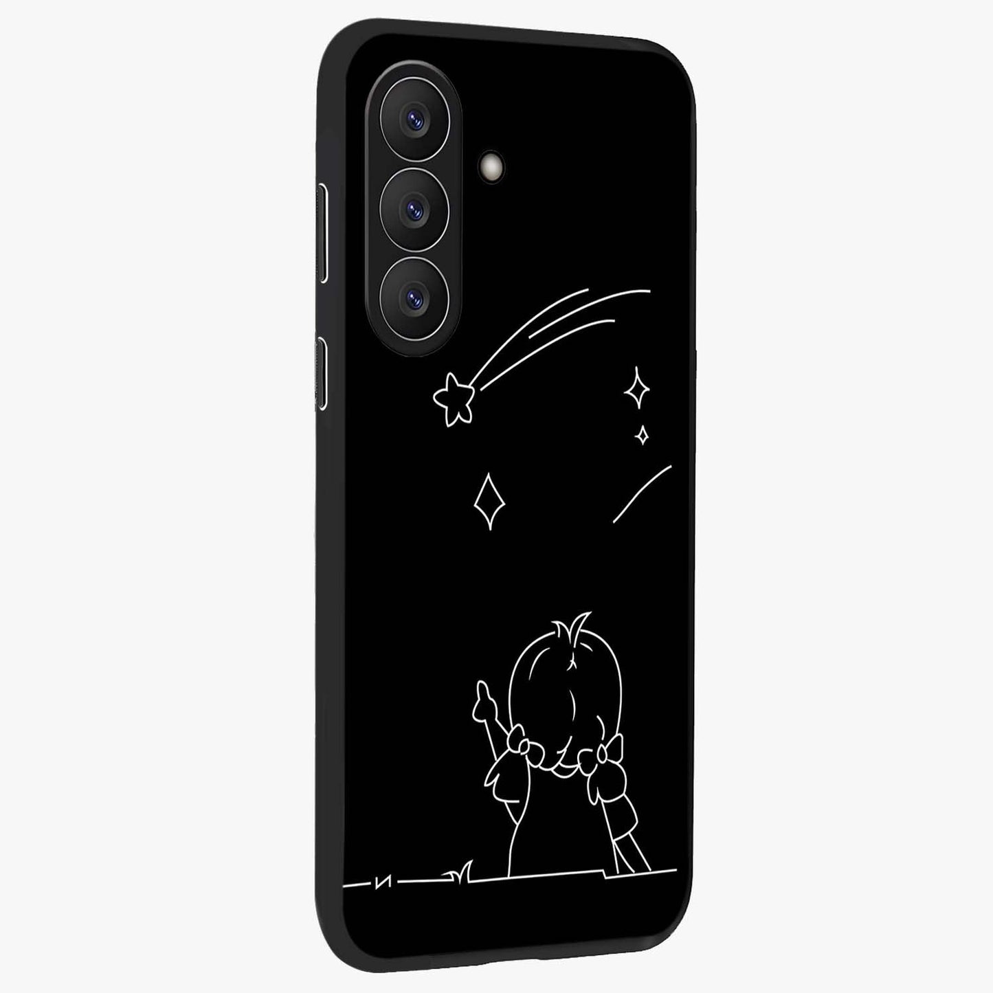 Line Art Girl With Shooting Stars Glass Case upright view showcasing delicate shooting stars artwork with minimal artistic theme.