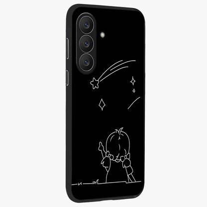 Line Art Girl With Shooting Stars Glass Case upright view showcasing delicate shooting stars artwork with minimal artistic theme.
