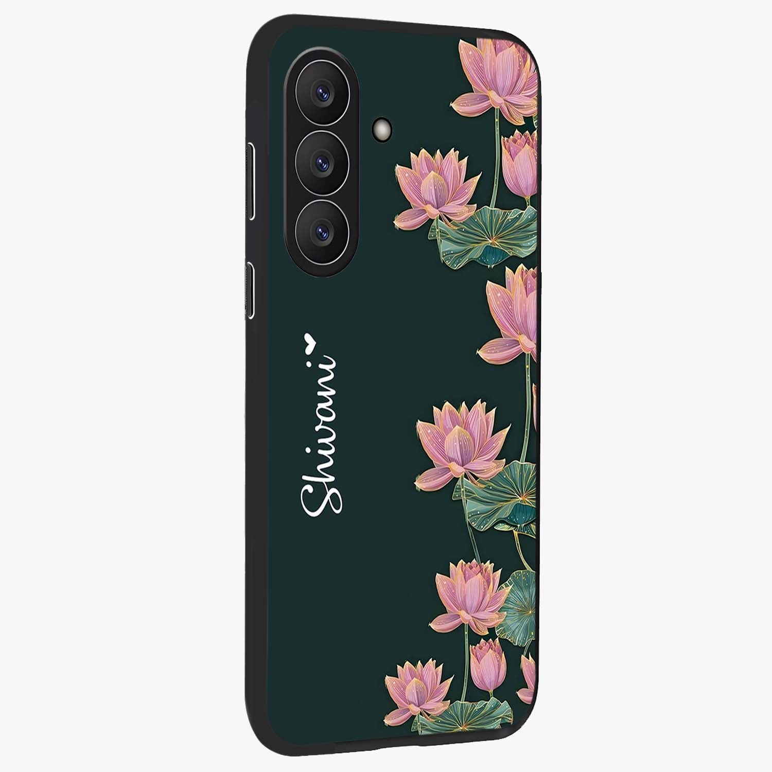 Lotus Bloom Serenity Custom Name Glass Case upright view showcasing serene lotus bloom artwork with personalized floral aesthetic.