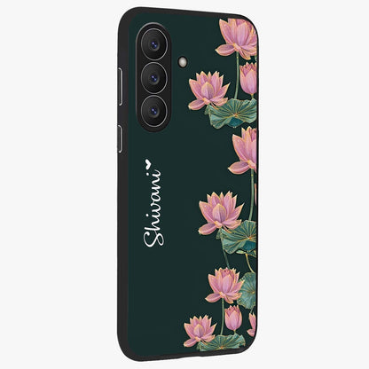 Lotus Bloom Serenity Custom Name Glass Case upright view showcasing serene lotus bloom artwork with personalized floral aesthetic.