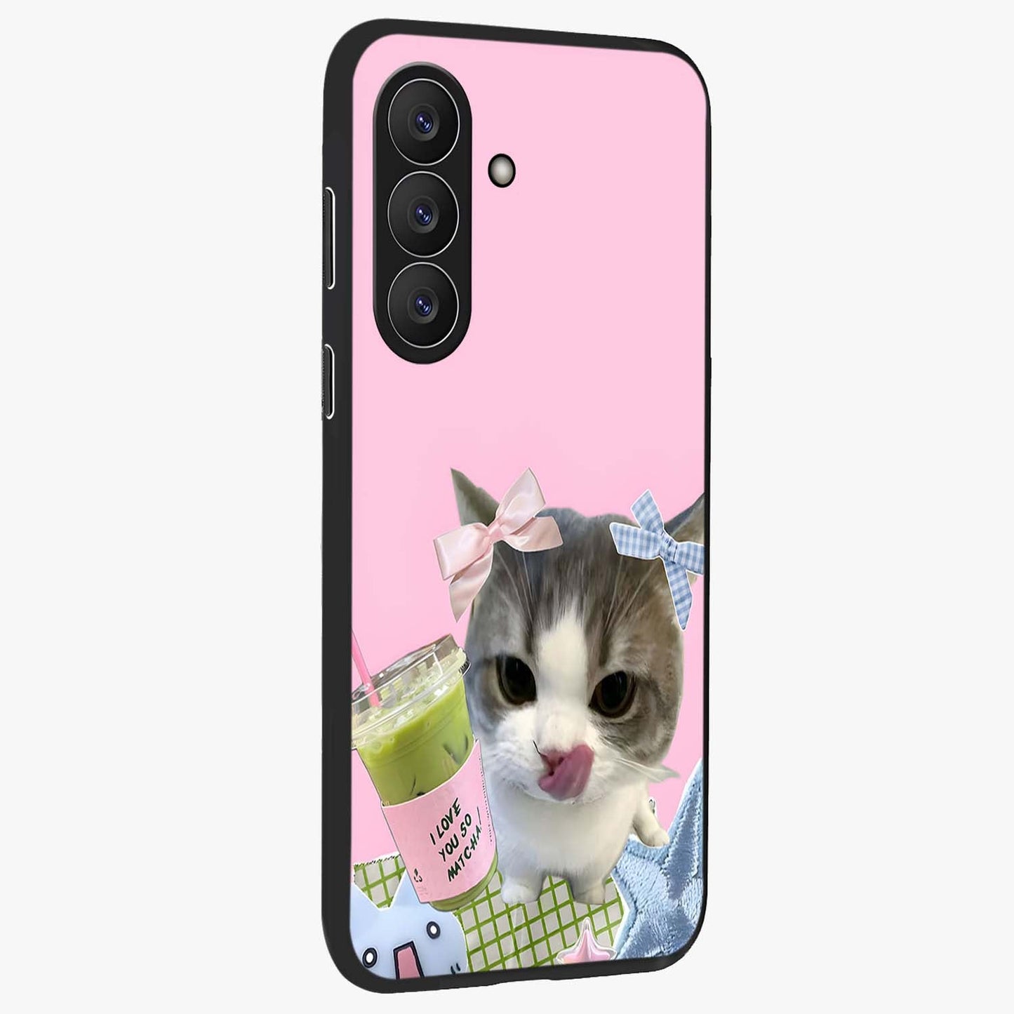 Love Matcha Cat Glass Case upright view showcasing adorable cat artwork with charming matcha themed design.