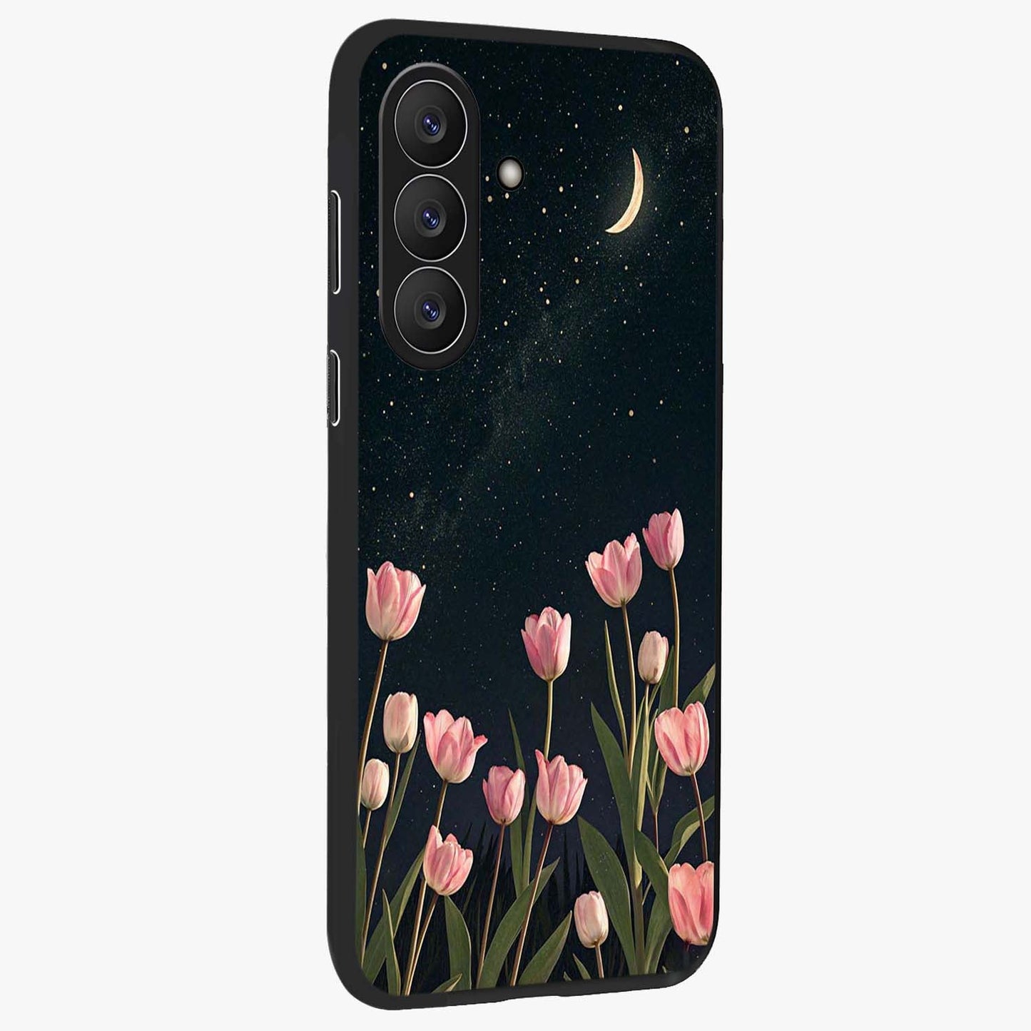Midnight Tulip Whispers Vibe Glass Case upright view showcasing graceful tulip artwork with calm botanical theme.