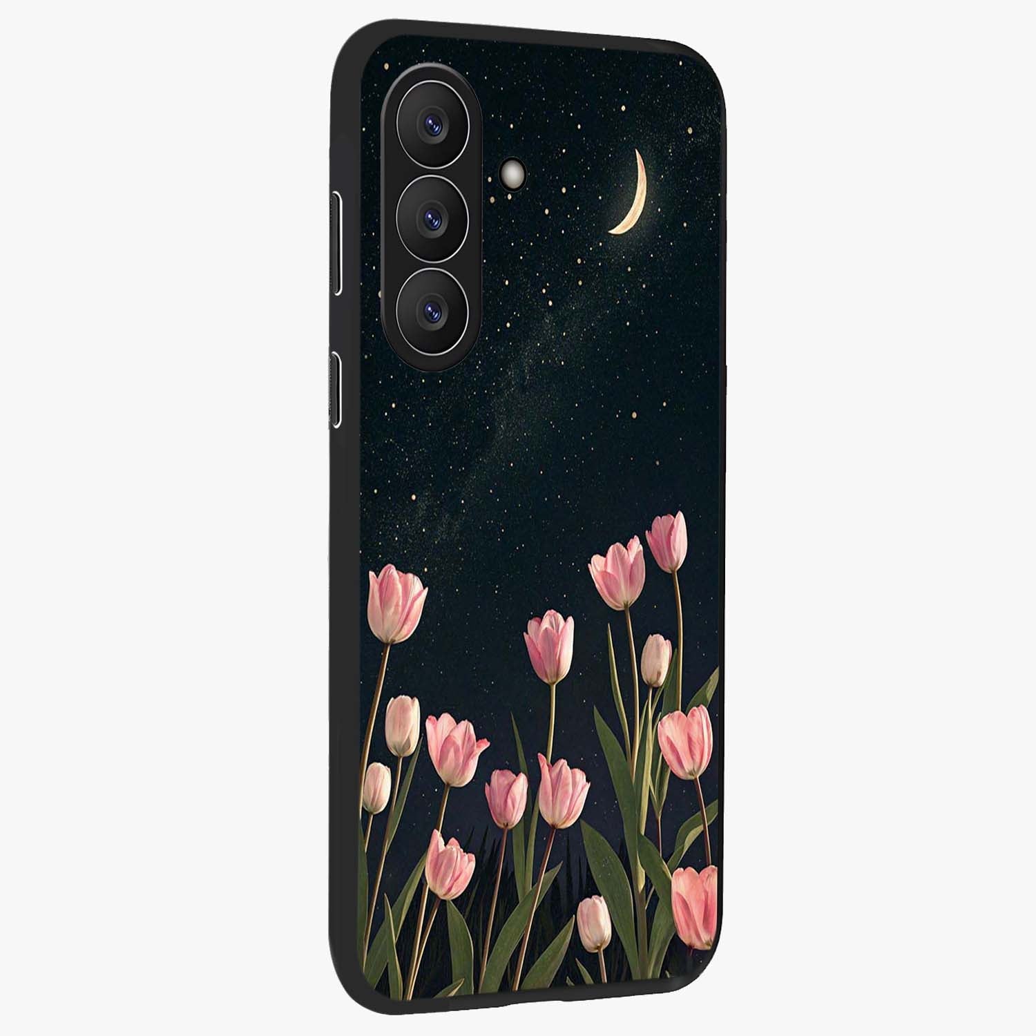 Midnight Tulip Whispers Vibe Glass Case upright view showcasing graceful tulip artwork with calm botanical theme.