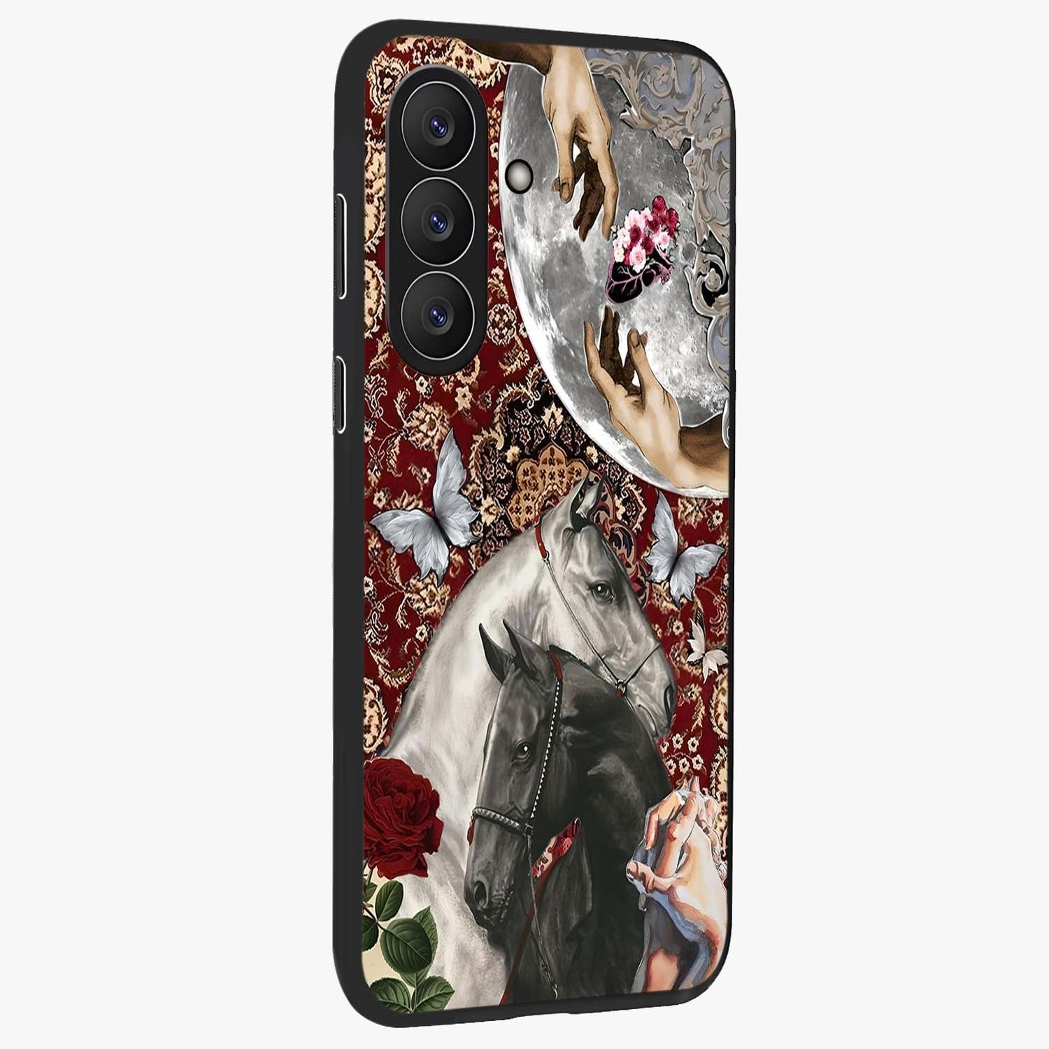 Moonlit Royal Stallion Glass Case upright view showcasing dramatic horse artwork with glowing moon themed design.
