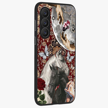 Moonlit Royal Stallion Glass Case upright view showcasing dramatic horse artwork with glowing moon themed design.