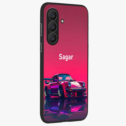Neon Pink Porsche Glass Case upright view showcasing vibrant sports car artwork with bold automotive theme.