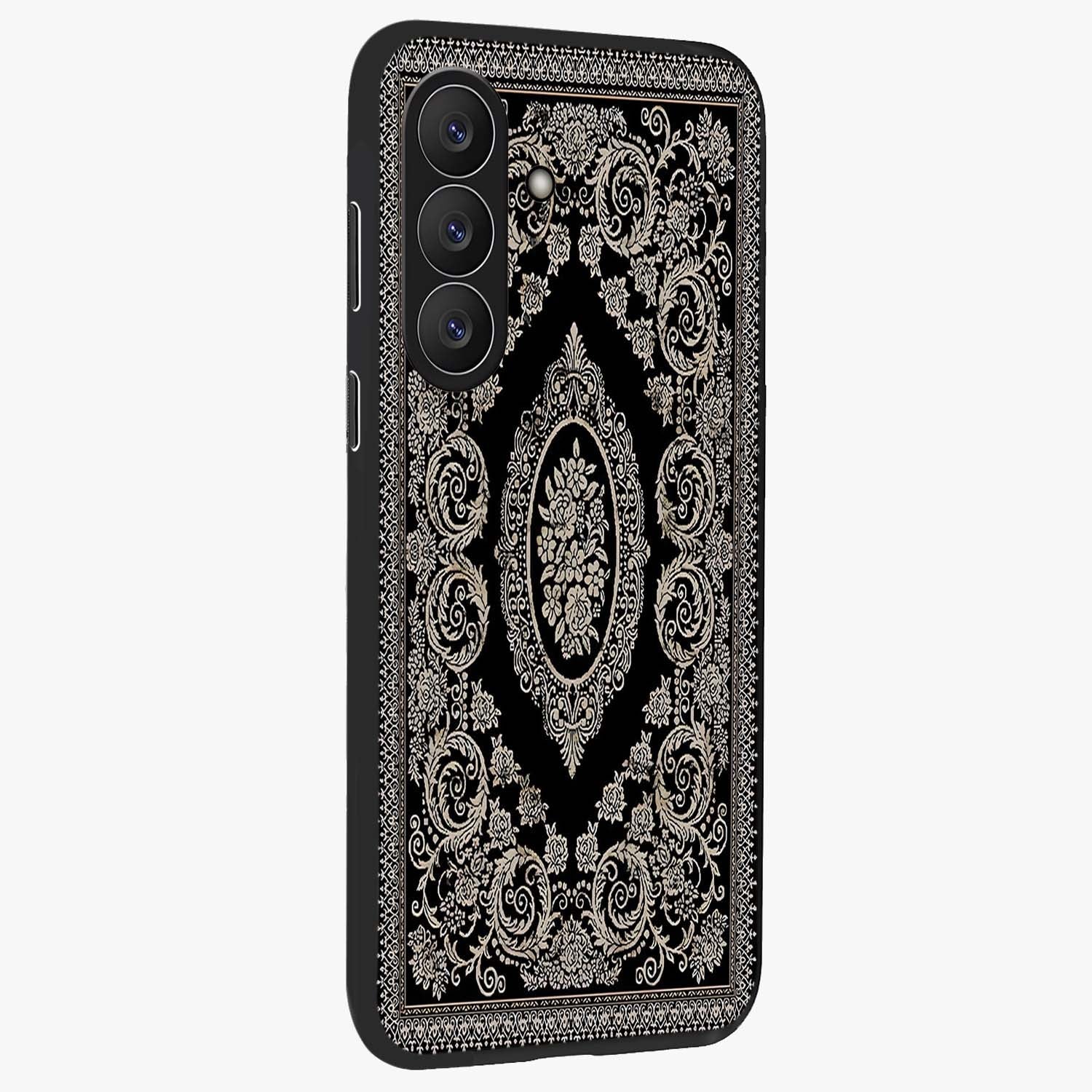 Noir Bloom Elegance Glass Case upright view showcasing graceful floral artwork with luxurious dark theme.
