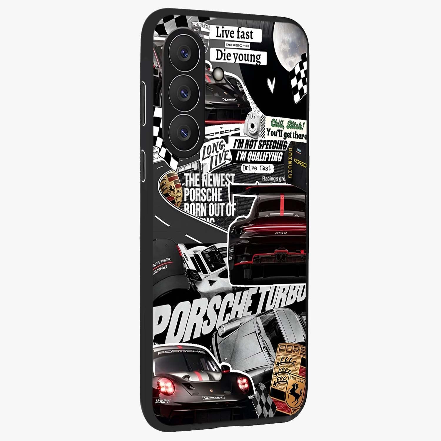 Porsche Racing Collage Glass Case upright view showcasing energetic car collage artwork with high speed racing theme.