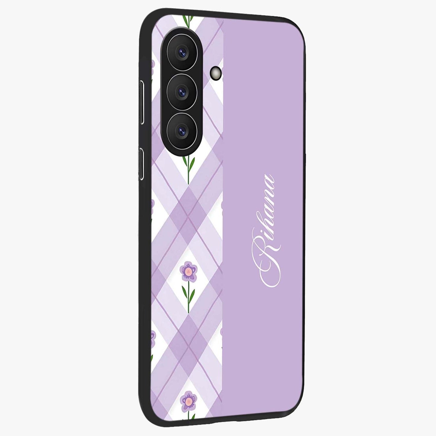 Purple Diamond Floral Glass Case upright view showcasing vibrant floral artwork with stylish geometric theme.