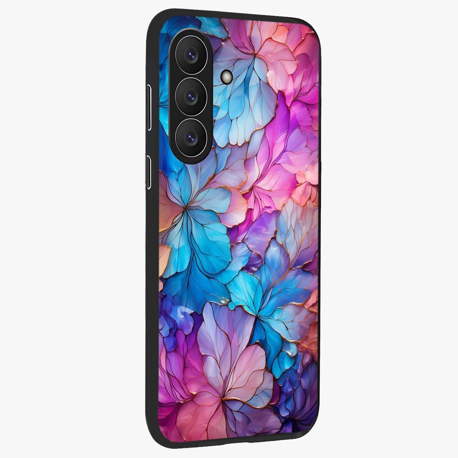 Radiant Floral Whirl Glass Case upright view showcasing lively floral artwork with decorative swirl theme.