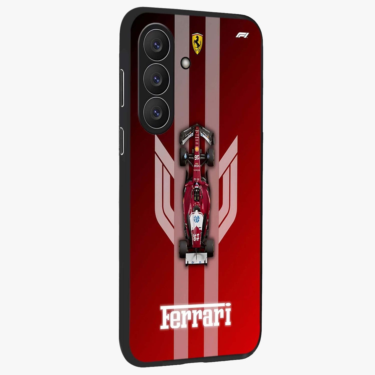 Red Ferrari F1 Vertical Glass Case upright view showcasing powerful Formula car artwork with dynamic motorsport theme.