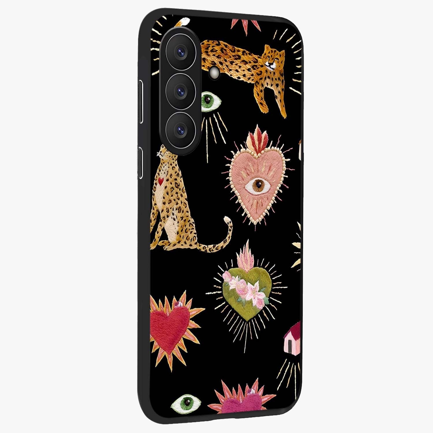 Sacred Jungle Heart Glass Case upright view showcasing vibrant jungle artwork with symbolic heart theme.