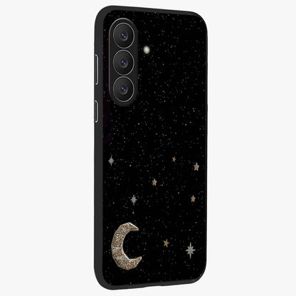 Twinkle Star With Half Moon Glass Case upright view showcasing glowing cosmic artwork with dreamy night theme.