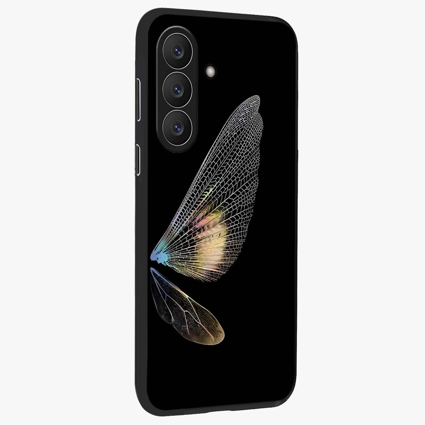 Whispers Of Wings Glass Case upright view showcasing elegant wing artwork with light airy theme.