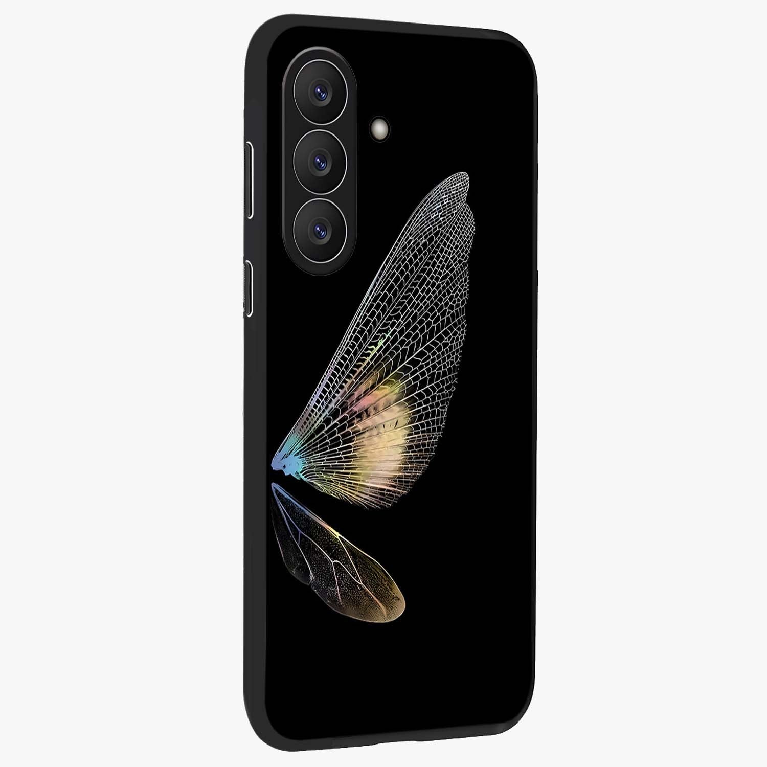 Whispers Of Wings Glass Case upright view showcasing elegant wing artwork with light airy theme.