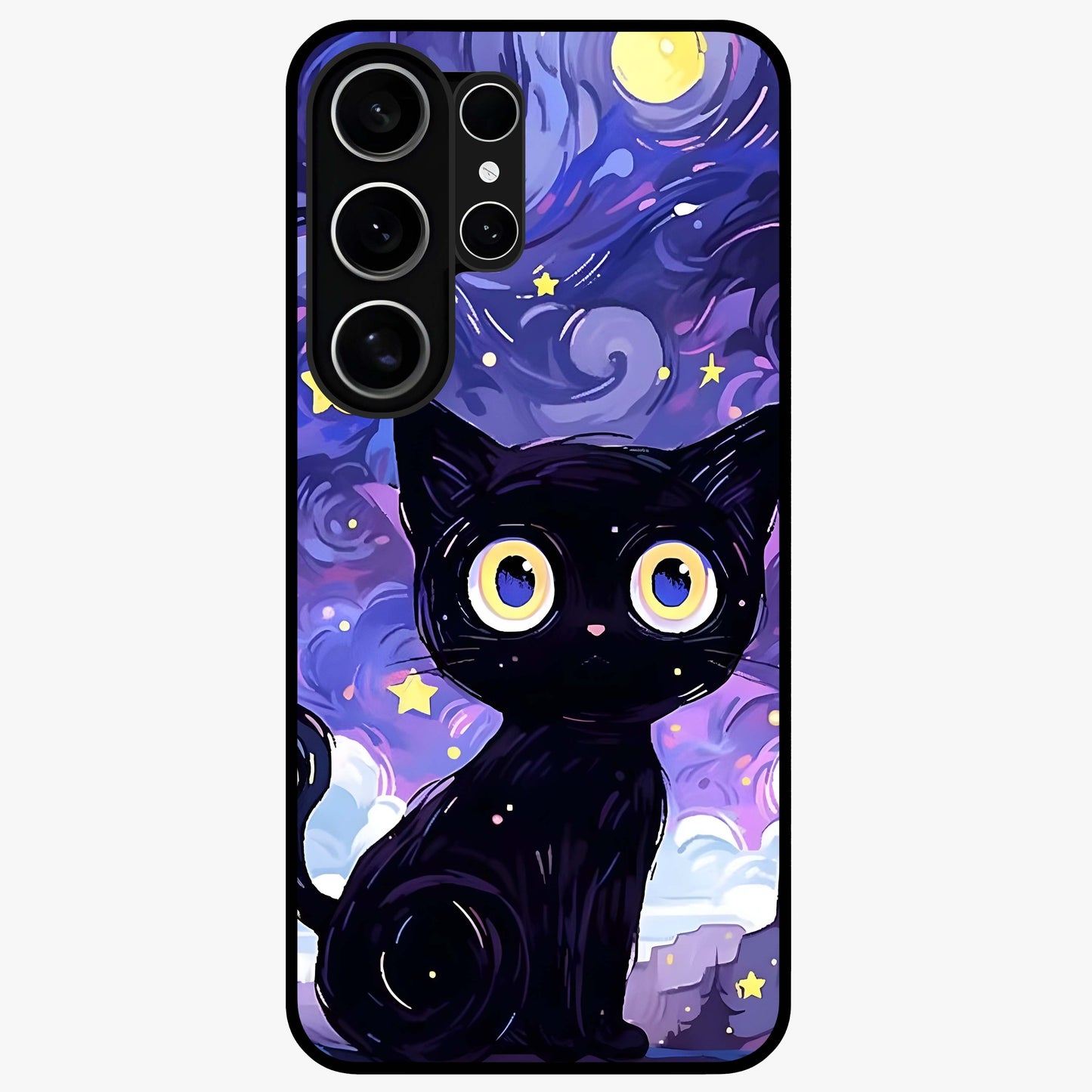 Abstract Cat Art Glass Case showing flat back view with artistic cat illustration and glossy glass finish.