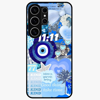 Aesthetic Be Kind Eye Glass Case showing flat back view with motivational eye artwork and glossy glass finish.
