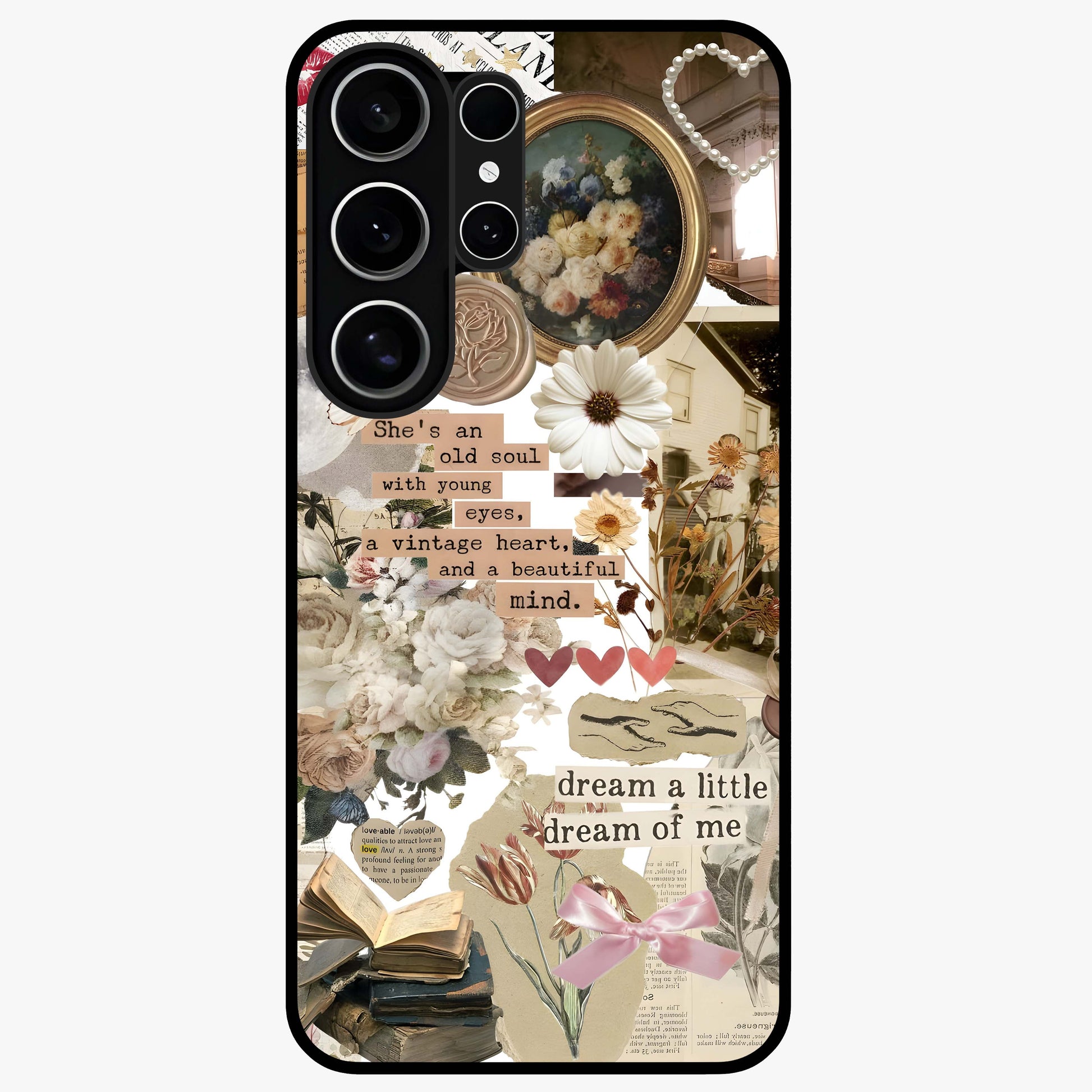 Aesthetic Brown Vintage Collage Glass Case showing flat back view with retro collage artwork and glossy glass finish.