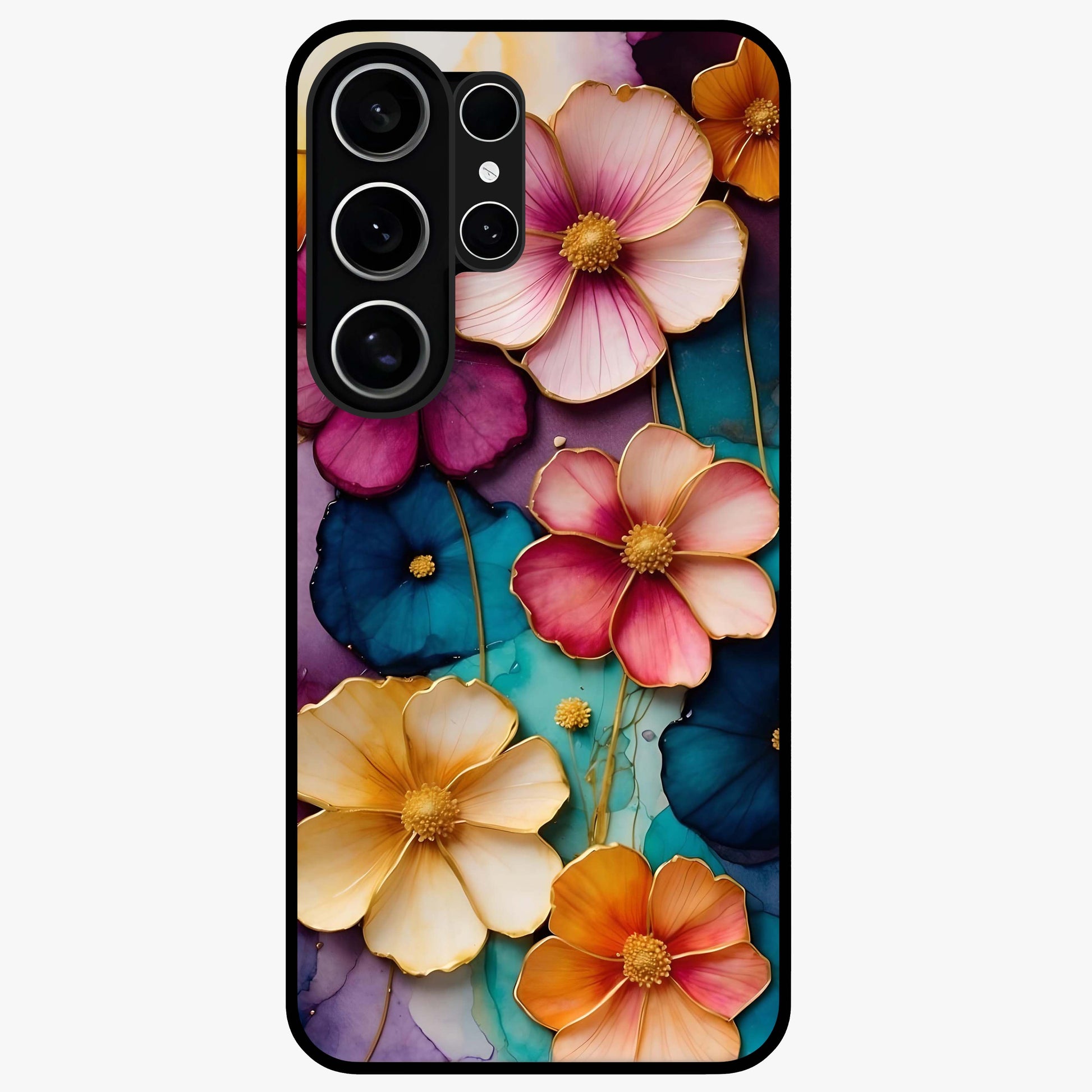 Artlyn Grace Flower Pattern Glass Case showing flat back view with elegant floral pattern artwork and glossy glass finish.