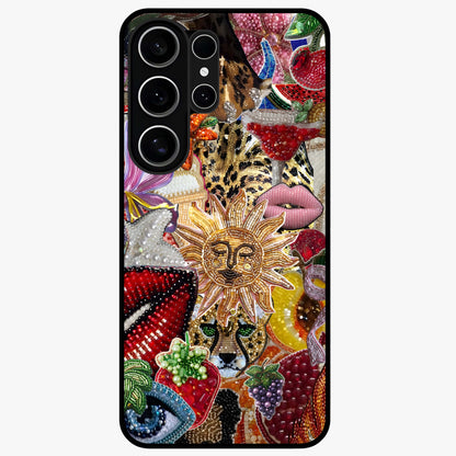 Beaded Fashion Jungle Glass Case showing flat back view with vibrant jungle inspired bead artwork and glossy glass finish.
