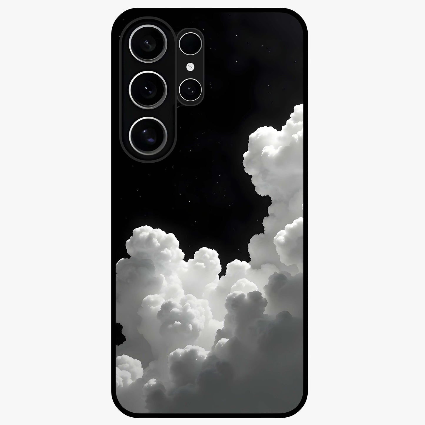 Black Background With White Cloud Glass Case showing flat back view with minimal cloud artwork on dark background and glossy glass finish.