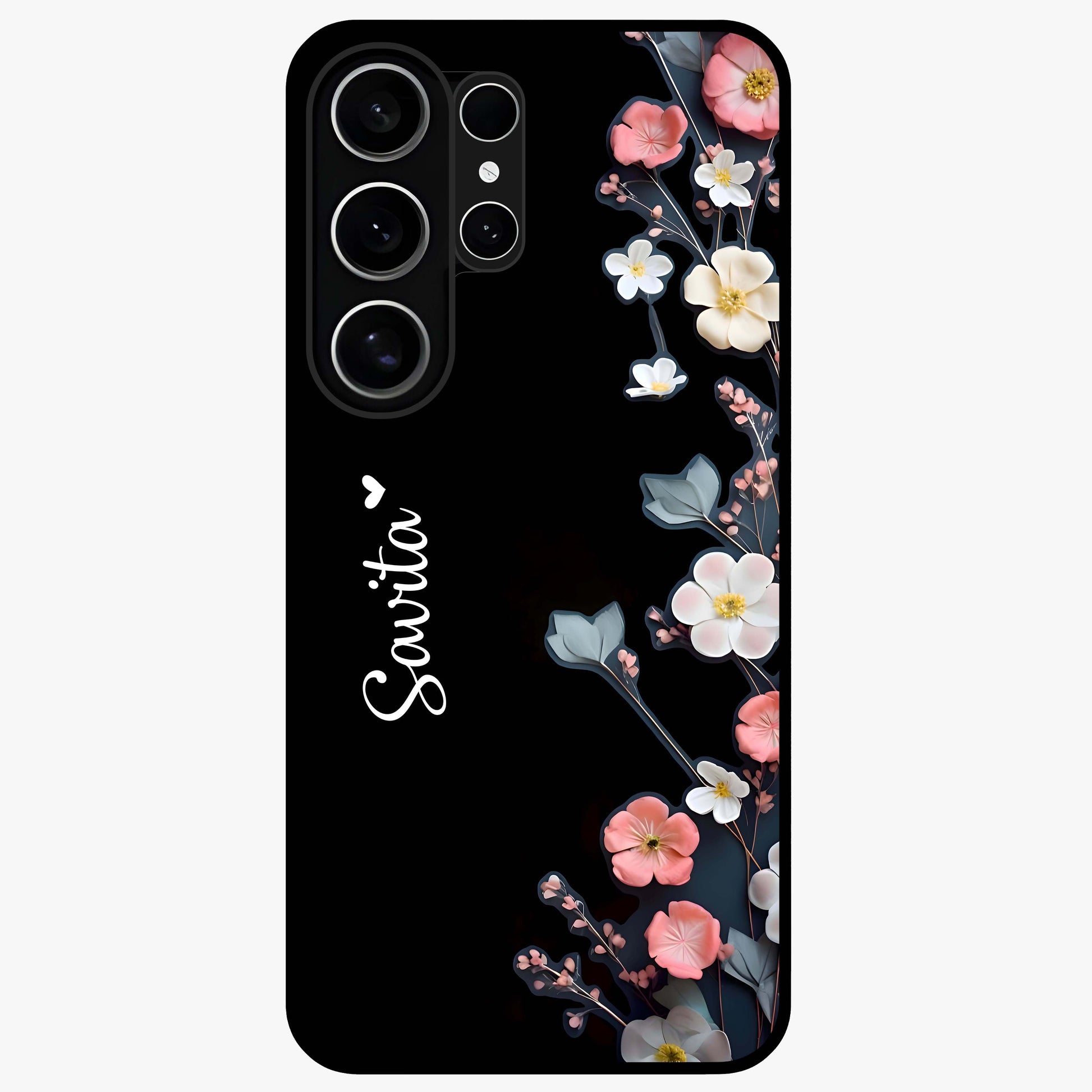 Black Elegance Floral Custom Name Glass Case showing flat back view with elegant floral artwork and personalized name design.