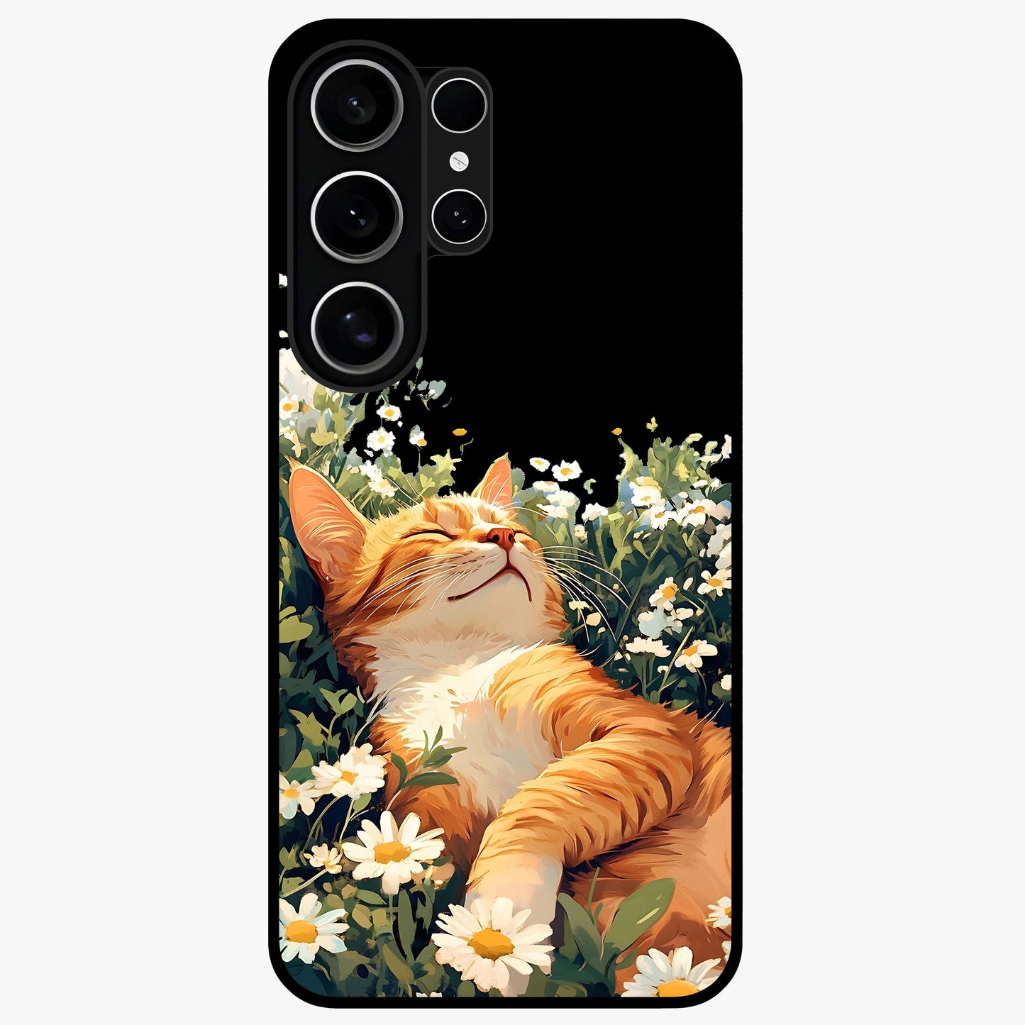 Blissful Bloom Cat Glass Case showing flat back view with cute cat and floral bloom artwork and glossy glass finish.