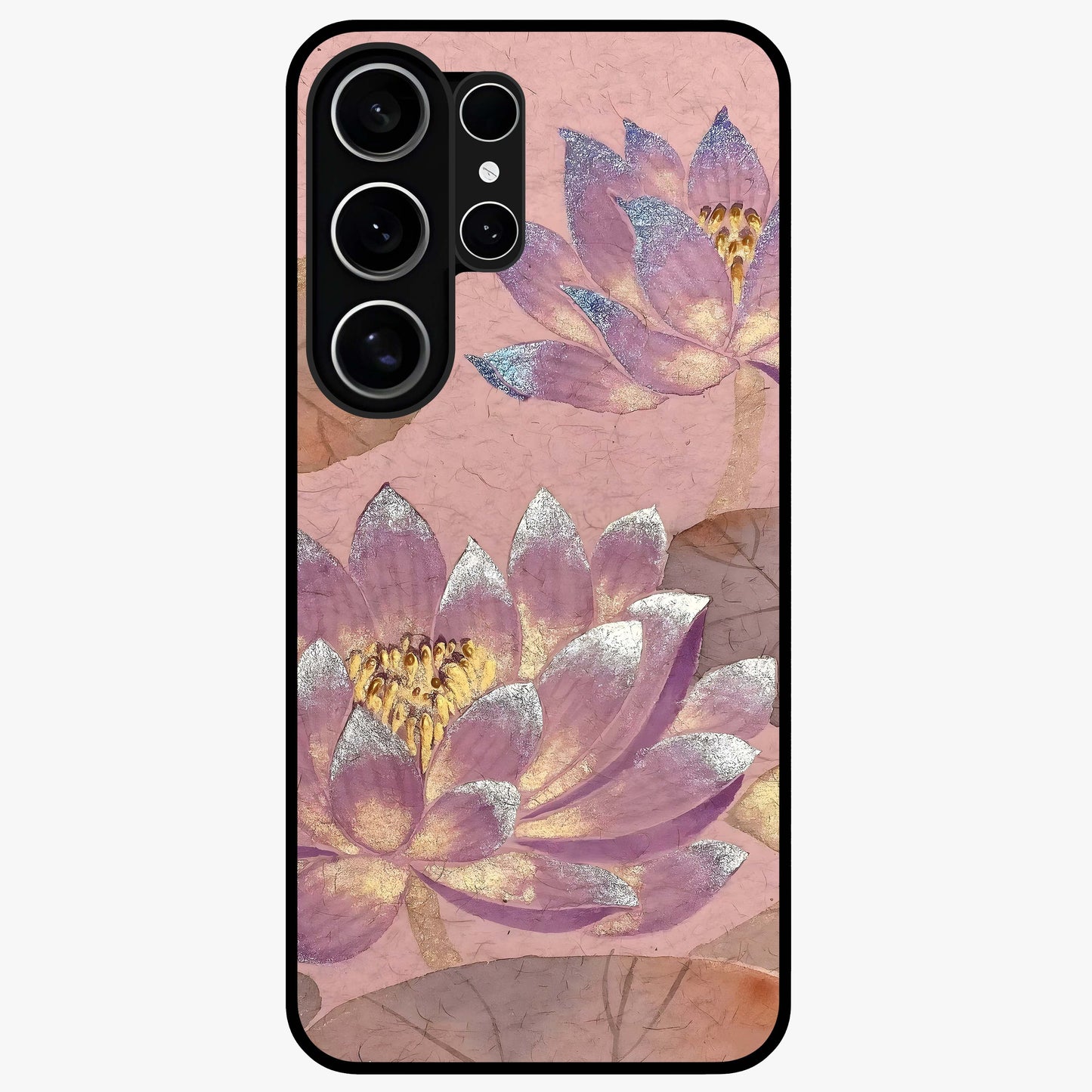 Blossom Mist Lotus Glass Case showing flat back view with serene lotus blossom artwork and glossy glass finish.