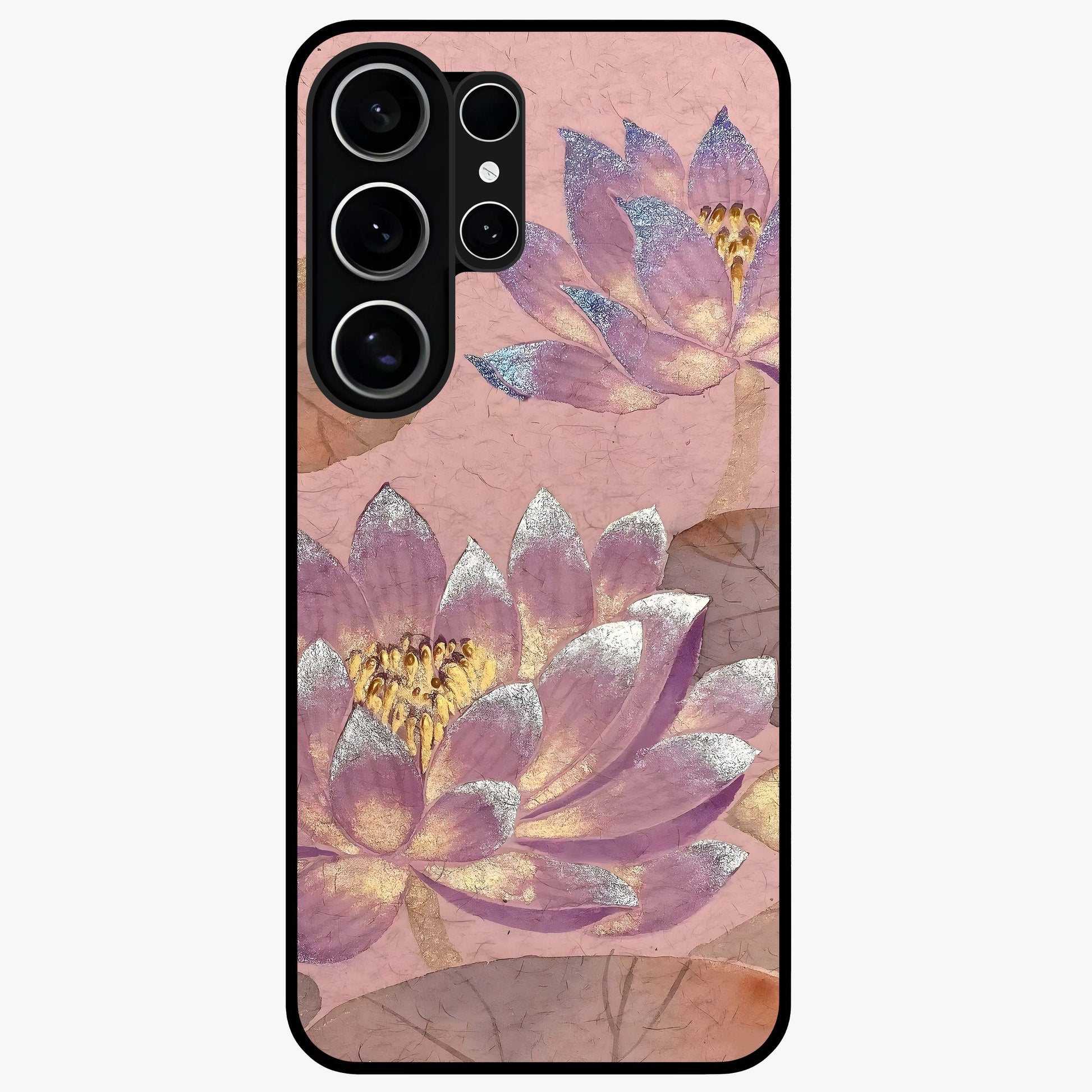 Blossom Mist Lotus Glass Case showing flat back view with serene lotus blossom artwork and glossy glass finish.
