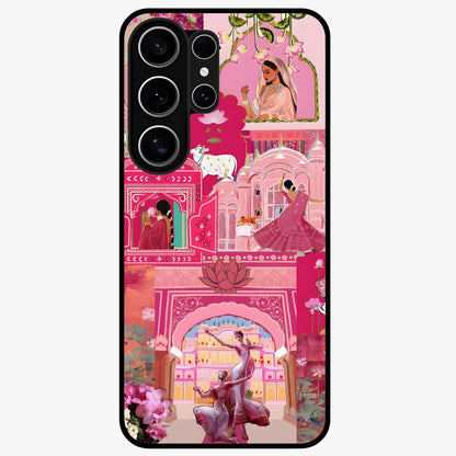 Blossoms of Rajasthan Glass Case showing flat back view with traditional floral artwork inspired by Rajasthan and glossy glass finish.