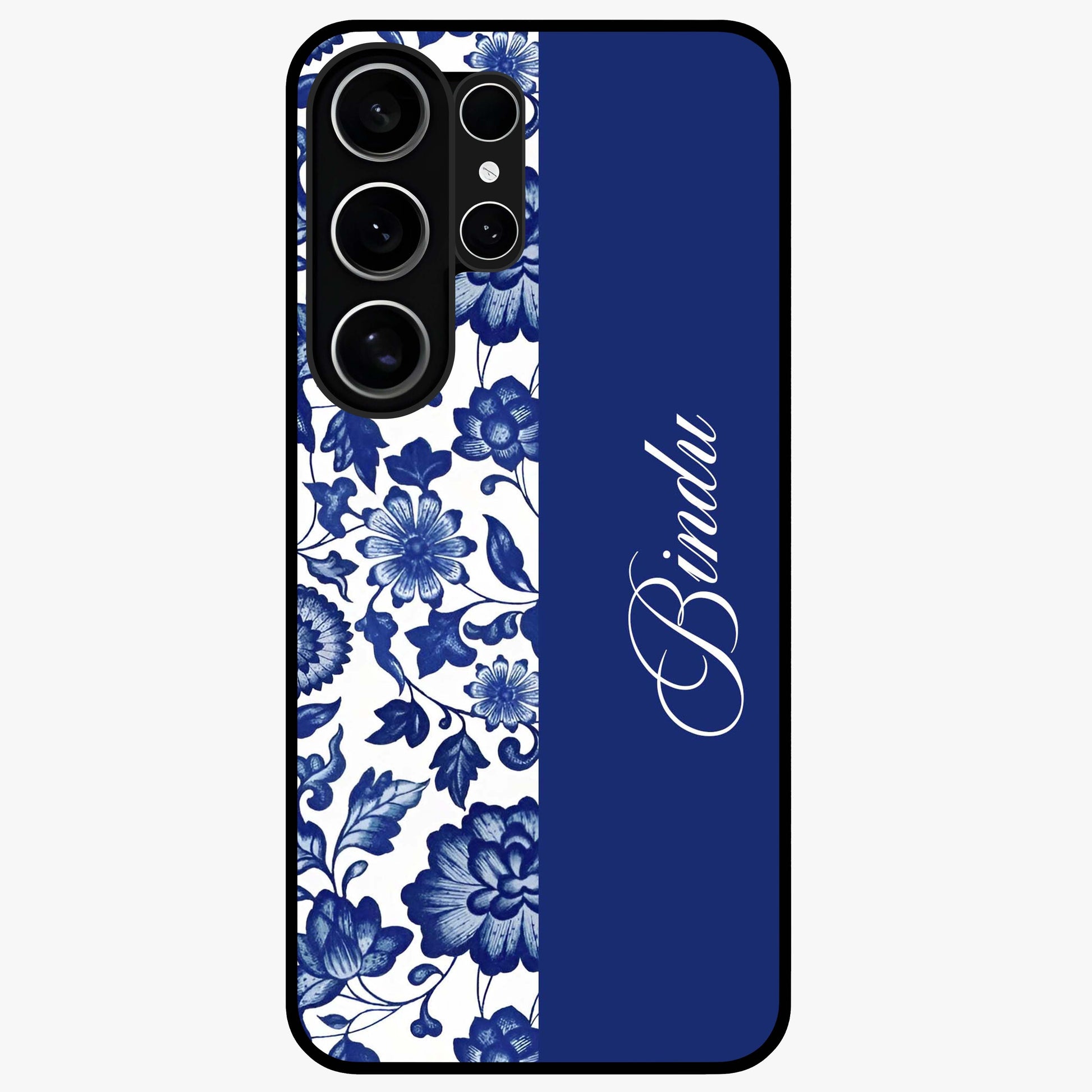 Blue Vintage Floral Pattern Glass Case upright view showcasing timeless floral illustration with vintage inspired style.