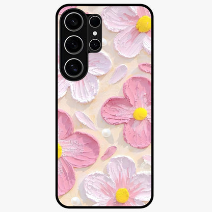 Blush Bloom Texture Glass Case showing flat back view with soft blush floral texture artwork and glossy glass finish.