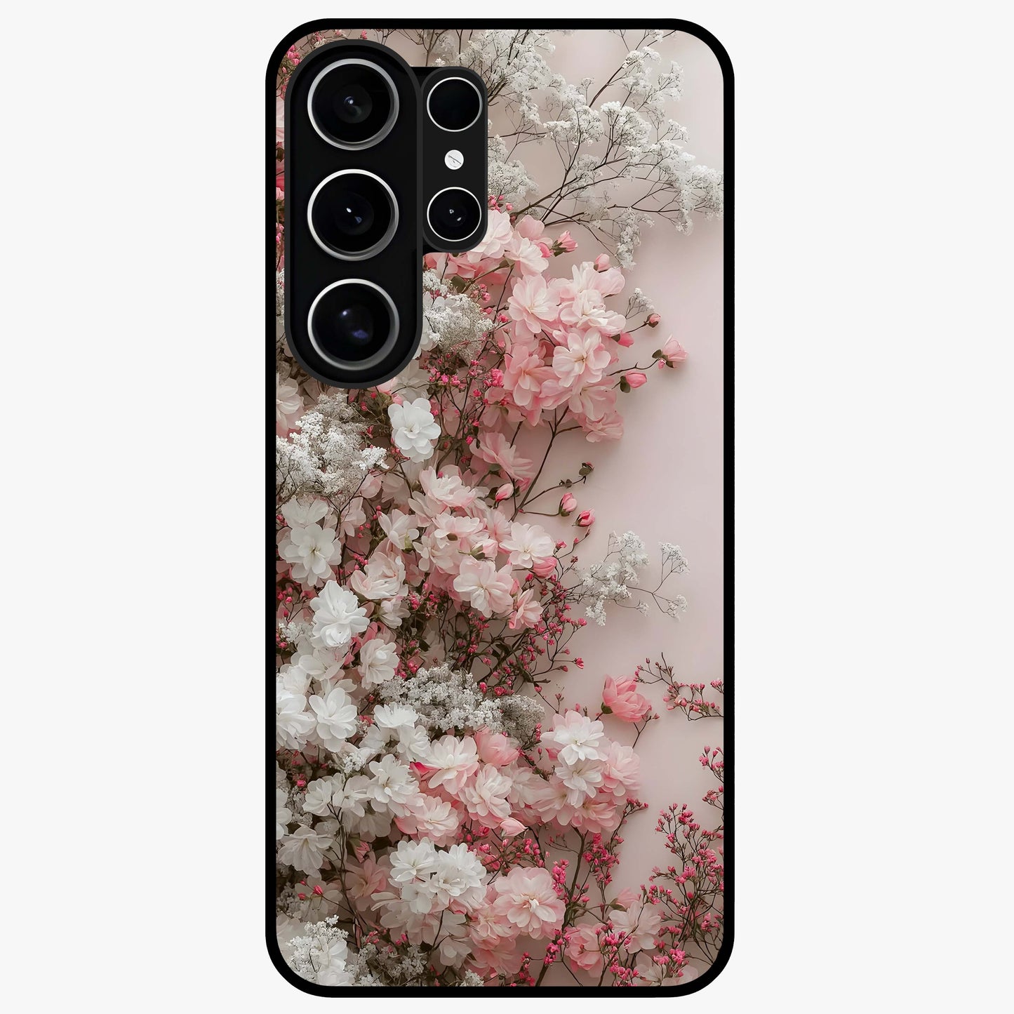 Blush Blossom Cloud Glass Case showing flat back view with dreamy blush cloud blossom artwork and glossy glass finish.