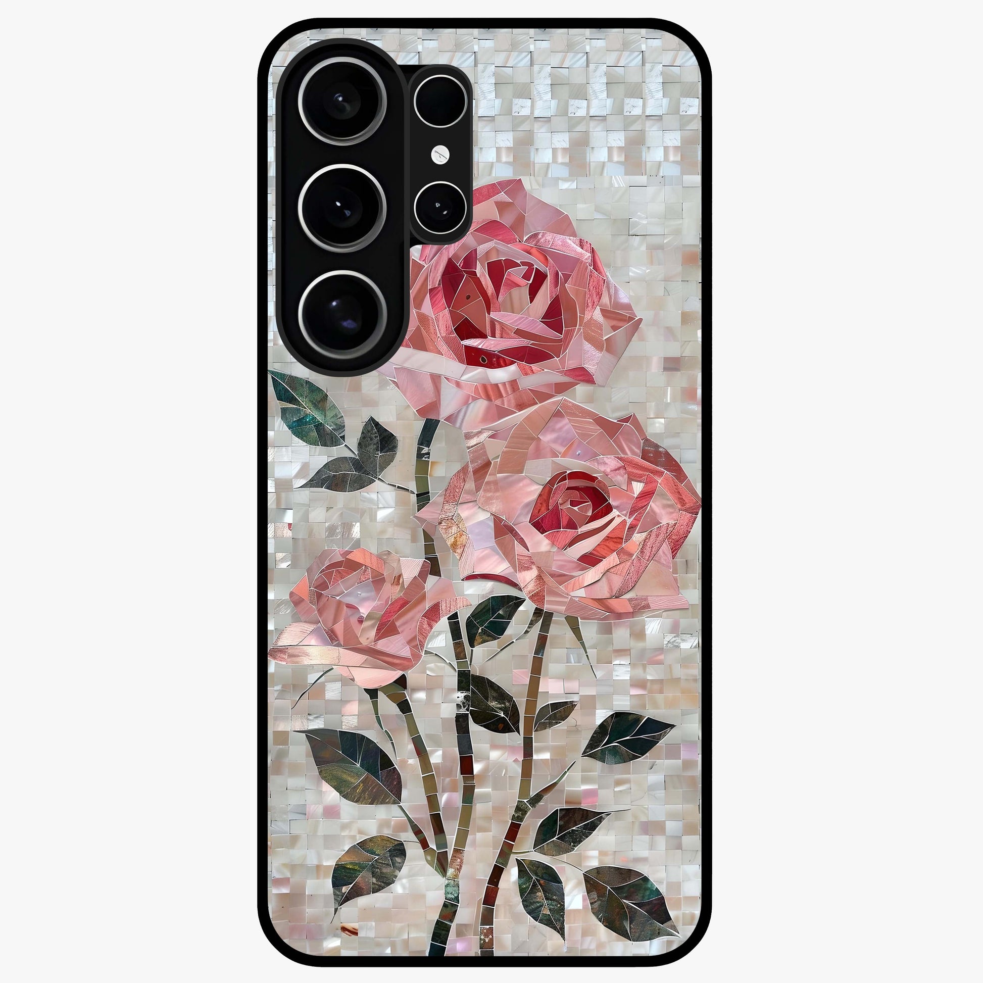 Blush Mosaic Bloom Glass Case showing flat back view with mosaic floral bloom artwork and glossy glass finish.