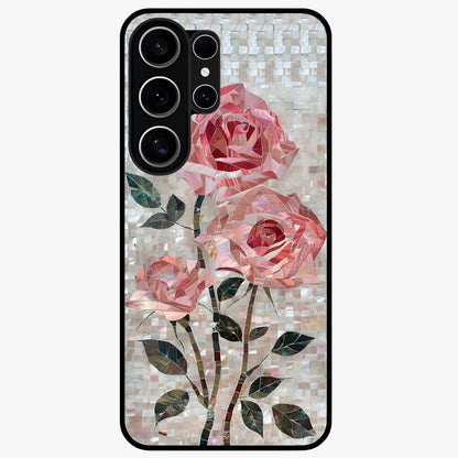 Blush Mosaic Bloom Glass Case showing flat back view with mosaic floral bloom artwork and glossy glass finish.
