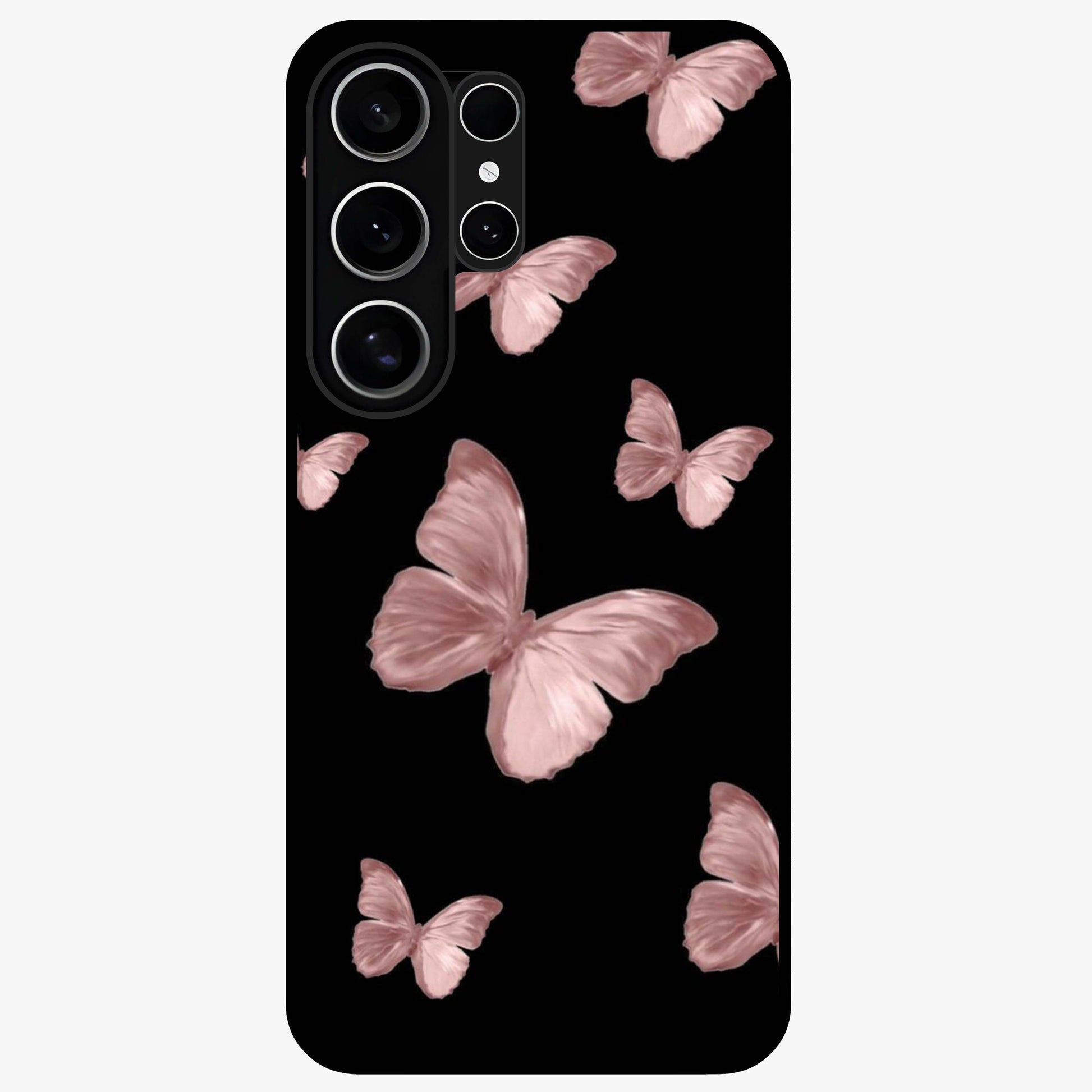 Butterfly Pattern Glass Case showing flat back view with elegant butterfly pattern artwork and glossy glass finish.
