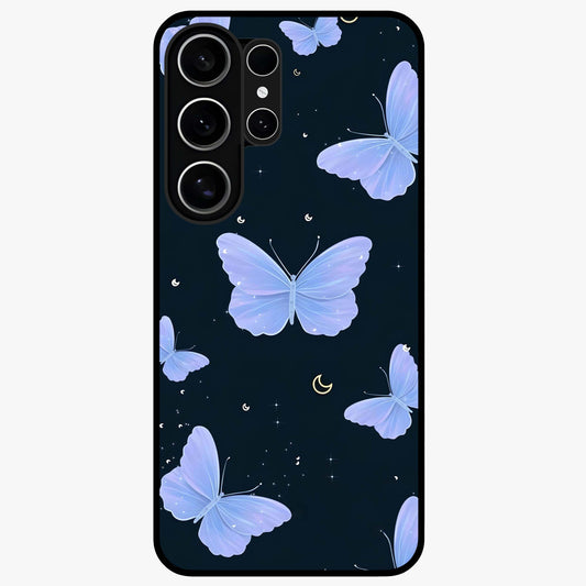 Butterfly With Stars Pattern Glass Case showing flat back view with butterfly and star pattern artwork and glossy glass finish.